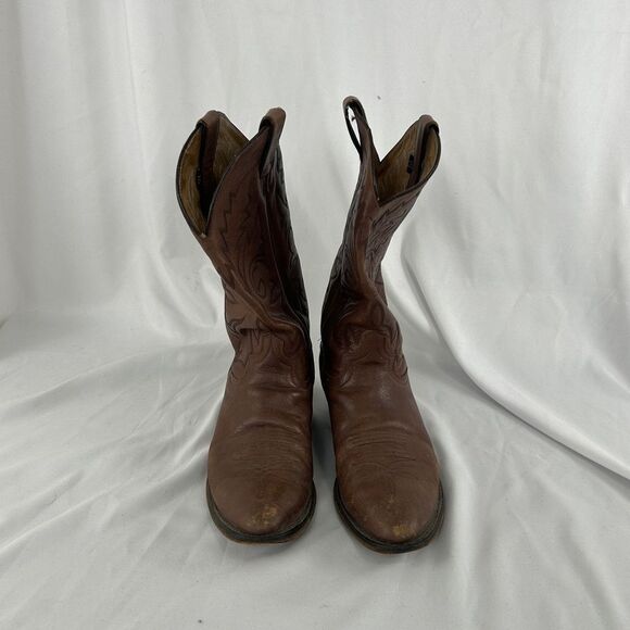 Vintage Brown Leather Embroidered Mid Calf Cowboy Boots - Picture 1 of 8